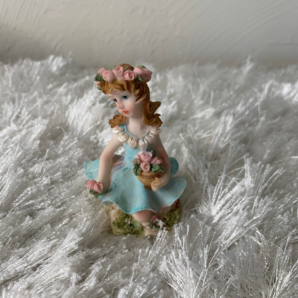 Fairy Figurine Aqua Blue Pink Roses Kneeling 3" tall